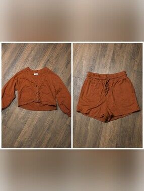 Button Front Crop Top & Drawstring Shorts Set, Small